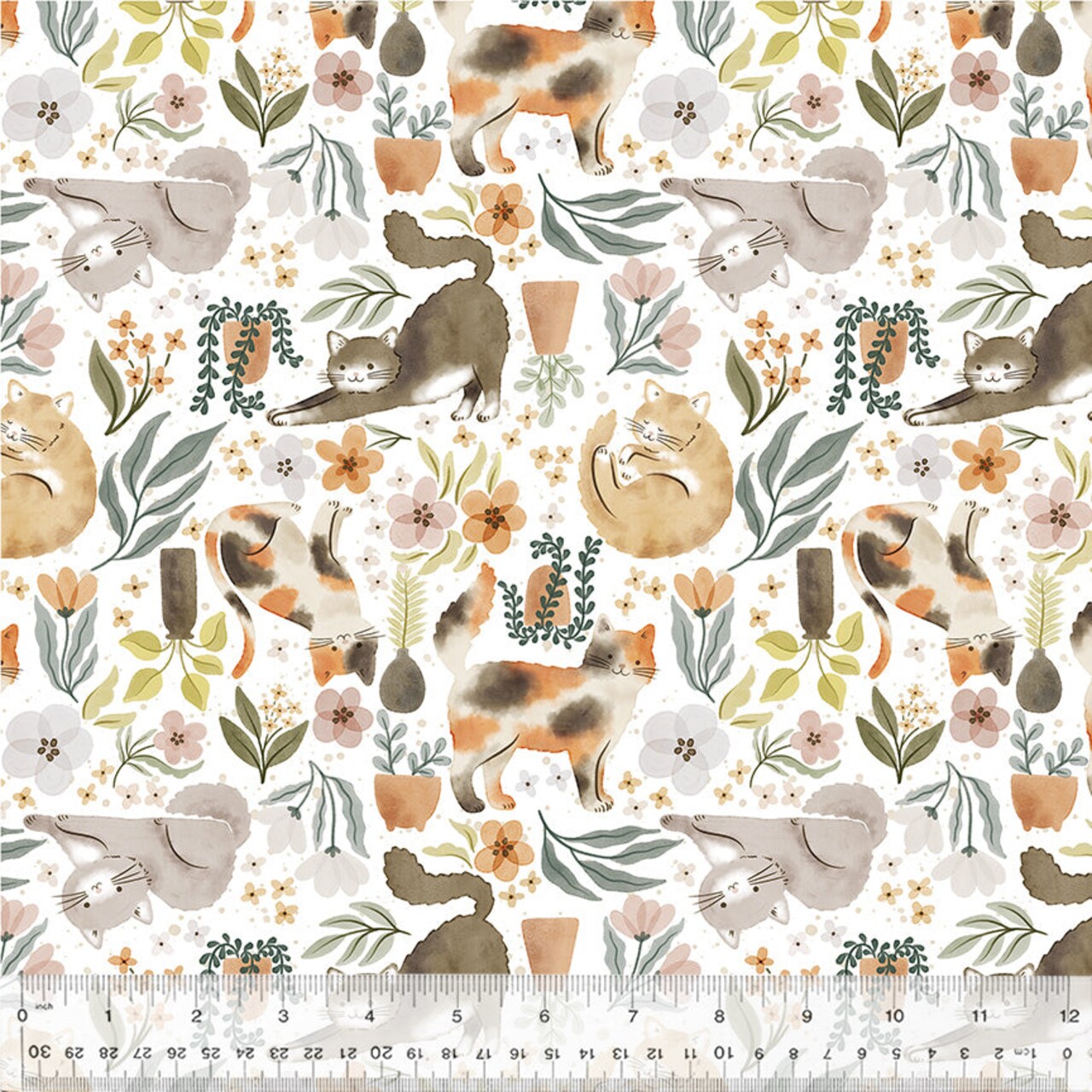 Fabric Windham White Purrfect Plants by the Quarter Yard 54586-1